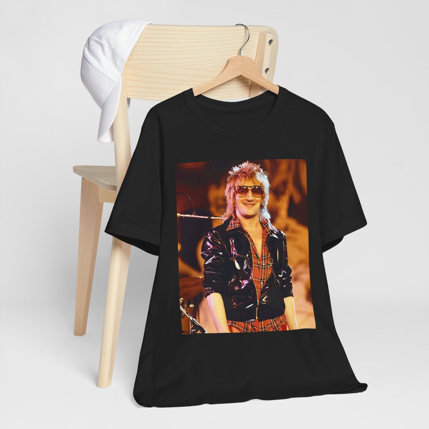 A black graphic t-shirt featuring a graphic related to Rod Stewart's 'Gasoline Alley' album era.