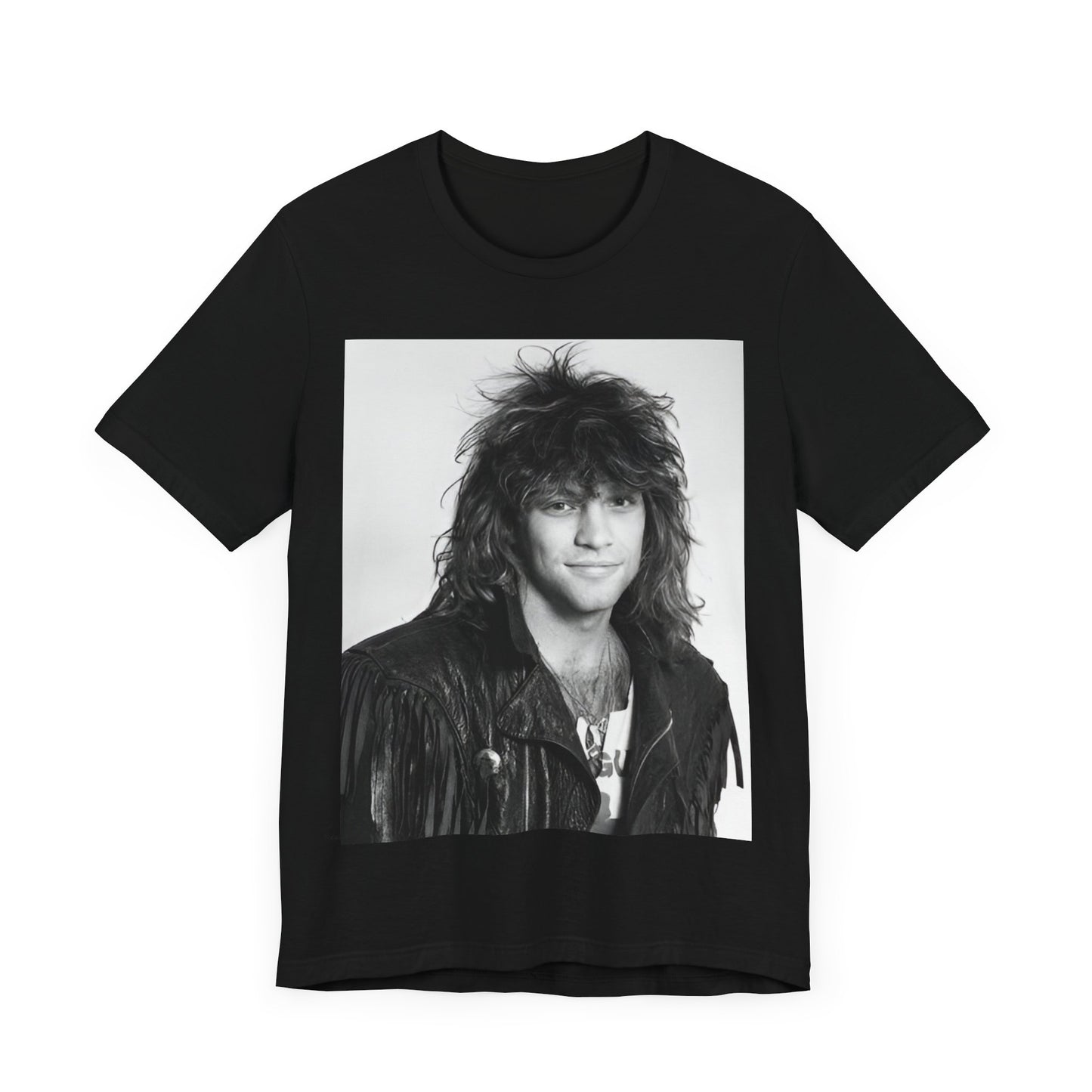 A black graphic t-shirt featuring a black and white photo of Bon Jovi from a 90s tour, performing on stage.