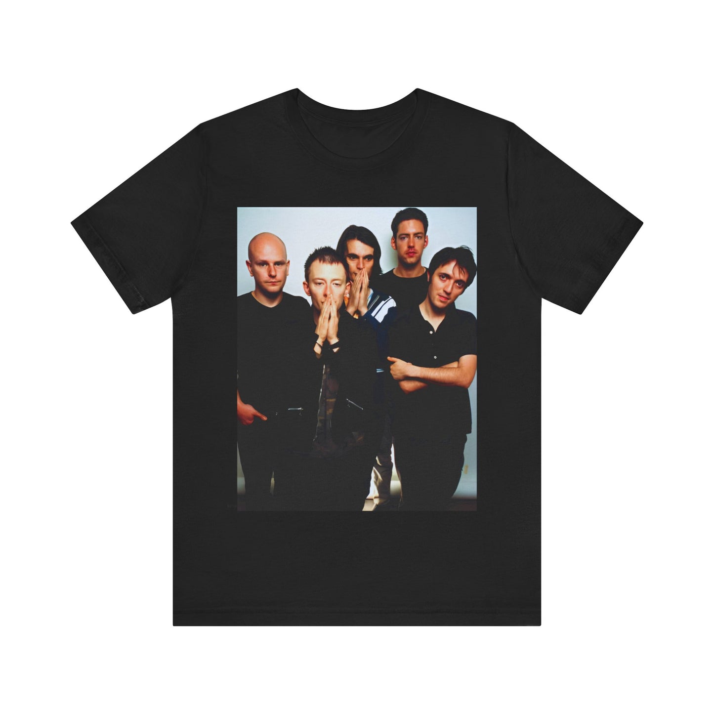 A black graphic t-shirt featuring a bold alt rock superstar graphic of Radiohead.