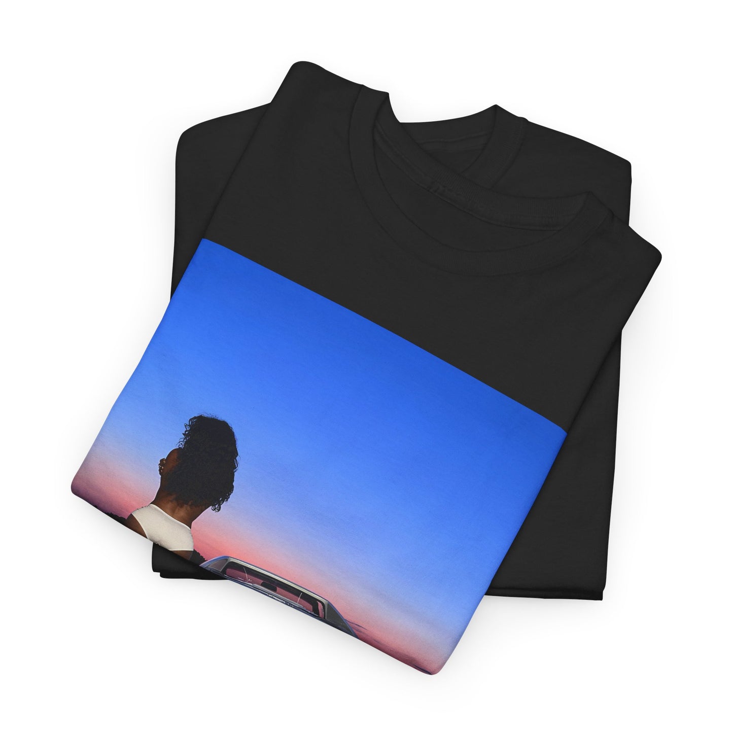 A black graphic t-shirt featuring a vintage alt R&B graphic of SZA.
