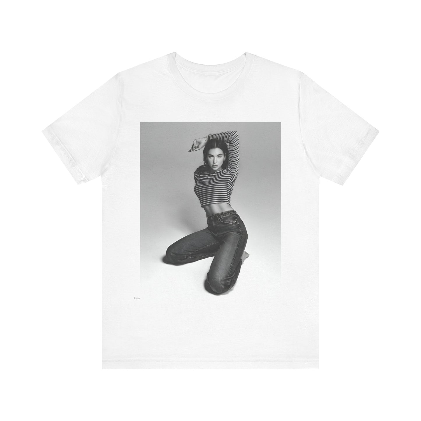 A black graphic t-shirt featuring a black and white photo of Dua Lipa in a posed manner.