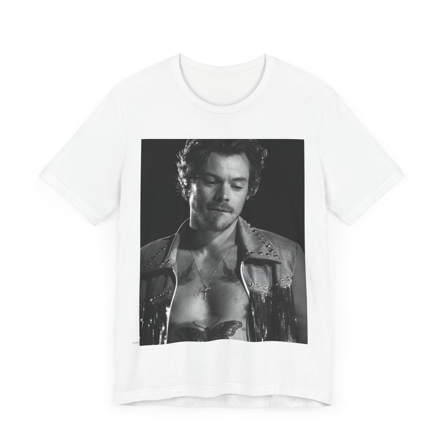 A black graphic t-shirt featuring a black and white graphic inspired by Harry Styles' tattoos.