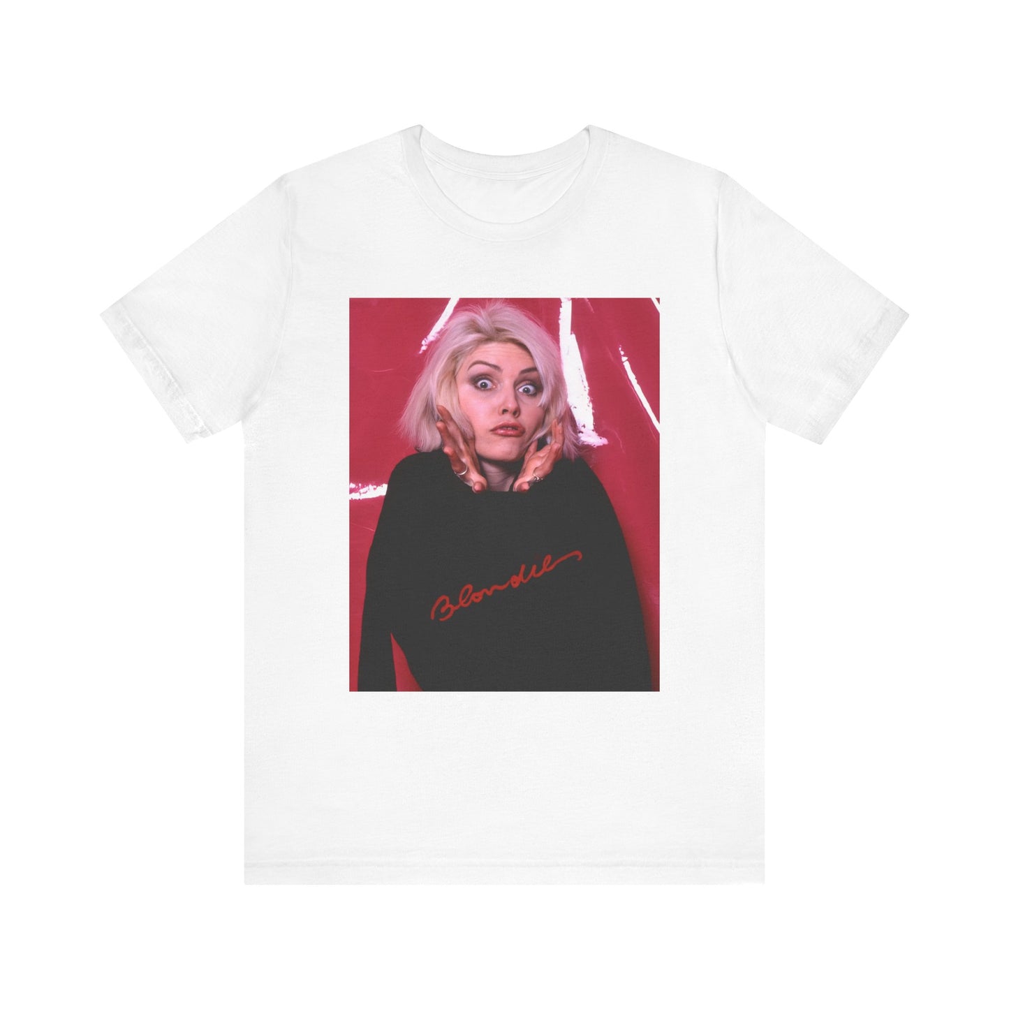 A black graphic t-shirt featuring a graphic related to Blondie's 'Atomic' song or era.