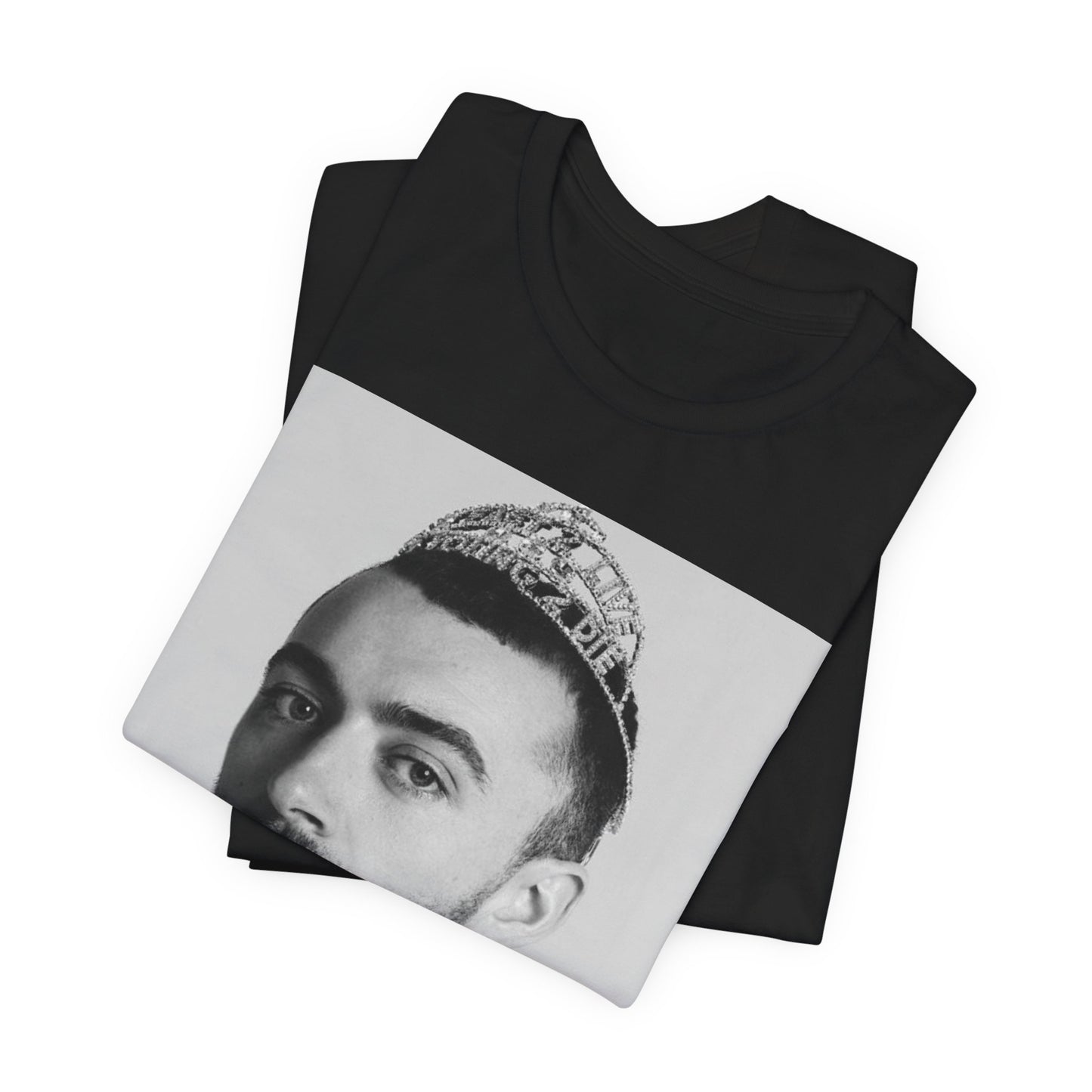 A black graphic t-shirt featuring a graphic of Sam Smith as a gender fluid icon.