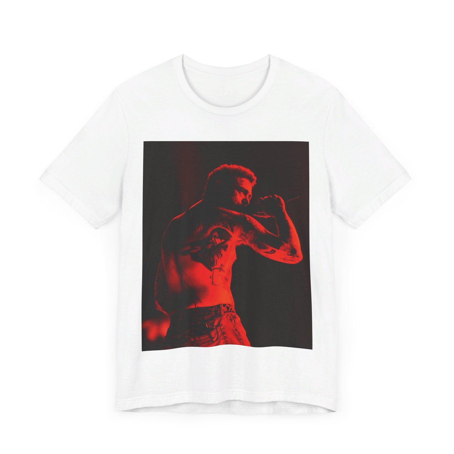 A black graphic t-shirt featuring a graphic related to Post Malone's 'Stoney' album or live performances.