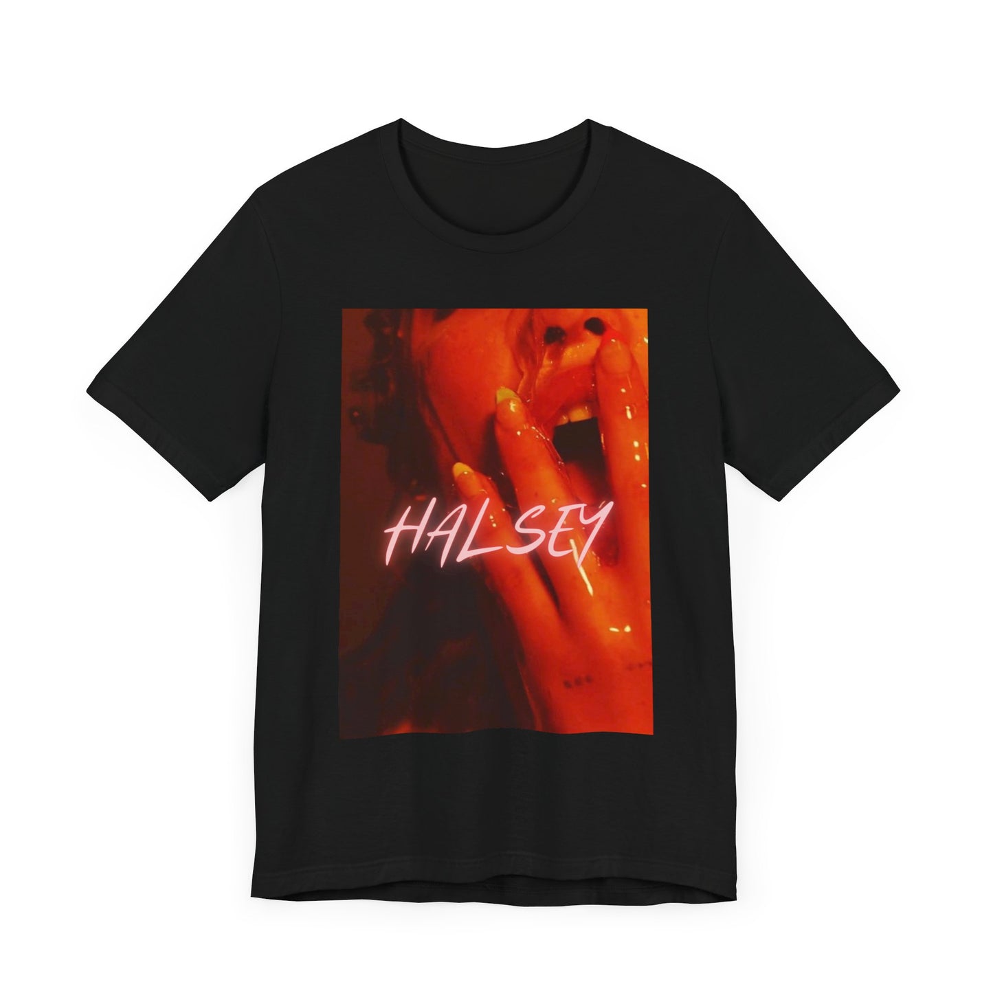 A black graphic t-shirt featuring a retro graphic related to Halsey's 'Without Me' song or era.