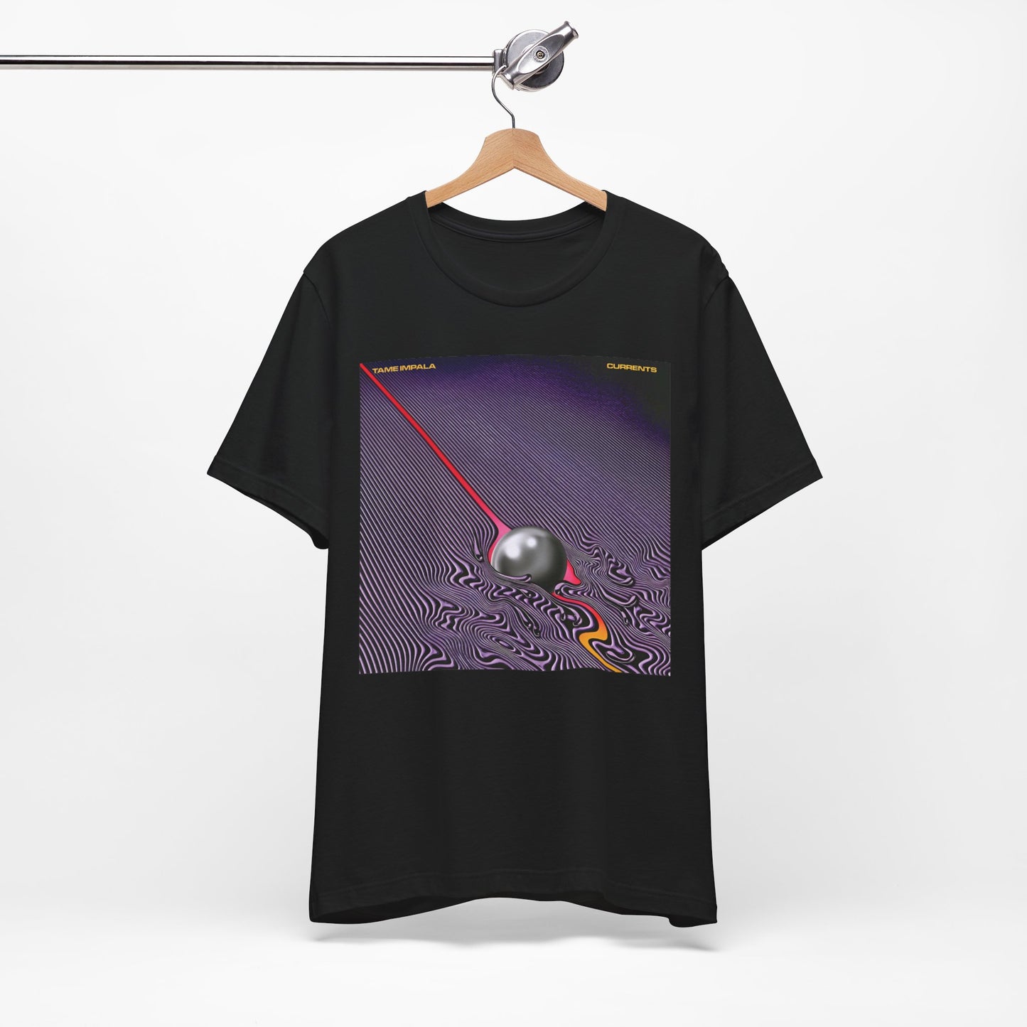 A black graphic t-shirt featuring a graphic related to Tame Impala's 'Currents' album.