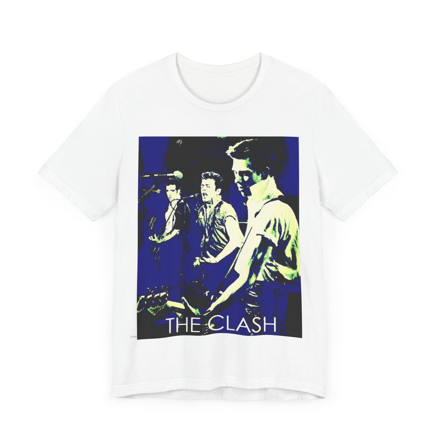 A black graphic t-shirt featuring a 70s aesthetic punk rock graphic of The Clash.