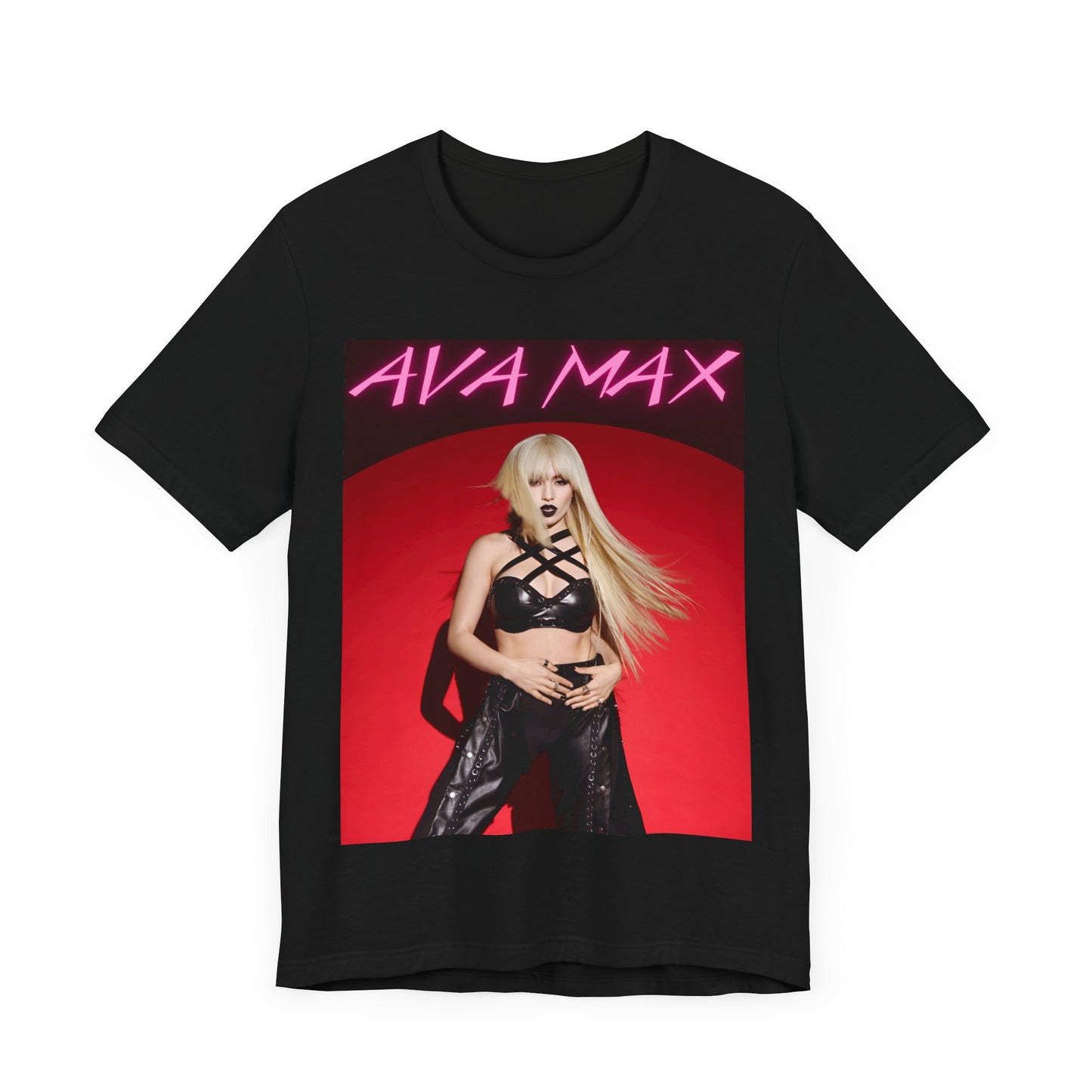 A black graphic t-shirt featuring a stylized graphic of Ava Max, emphasizing her status as a pop icon.