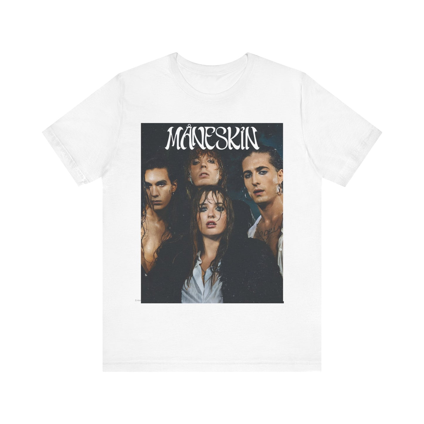A black graphic t-shirt featuring a graphic of Maneskin with cool Italian rock vibes.