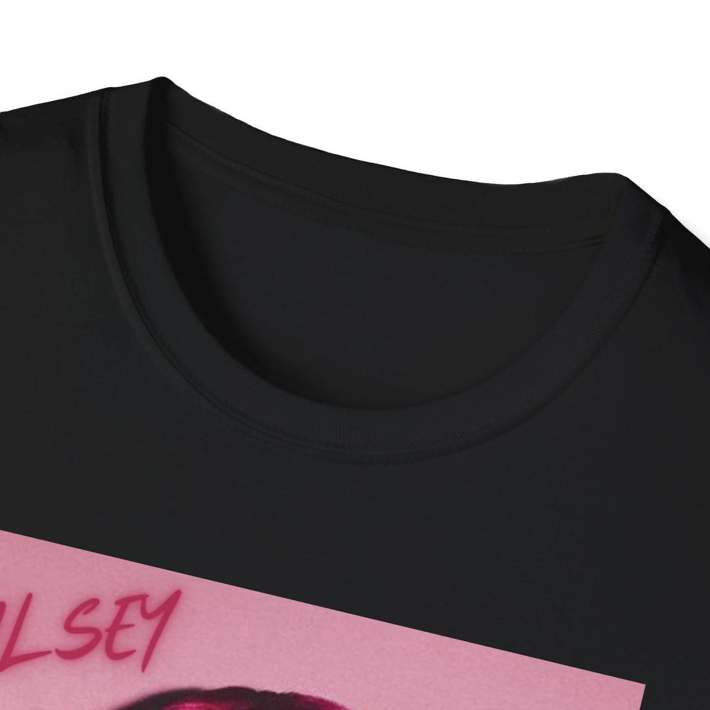A black graphic t-shirt featuring a photo of Halsey with neon pink hair.
