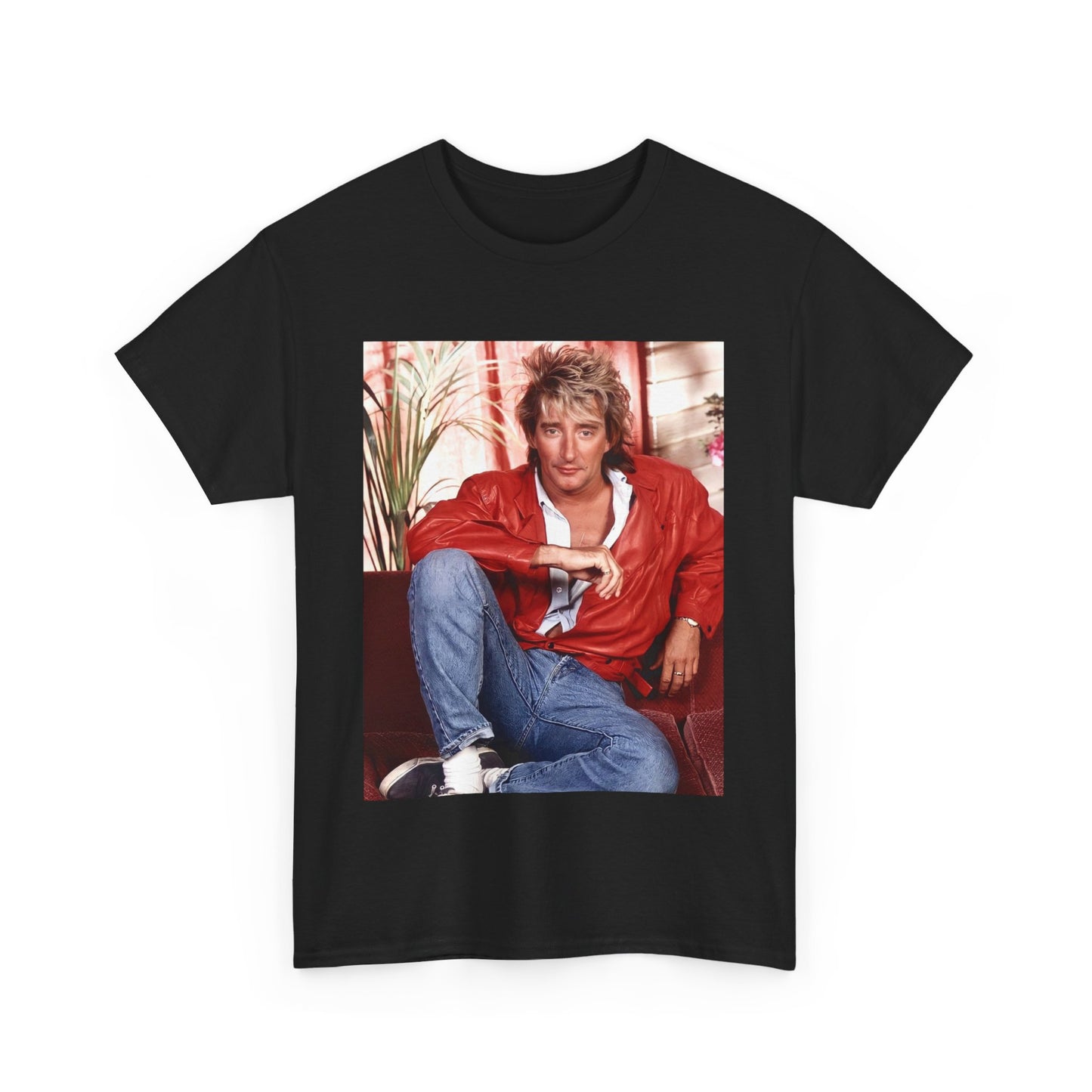 A black graphic t-shirt featuring an 80s global phenomenon graphic of Rod Stewart.