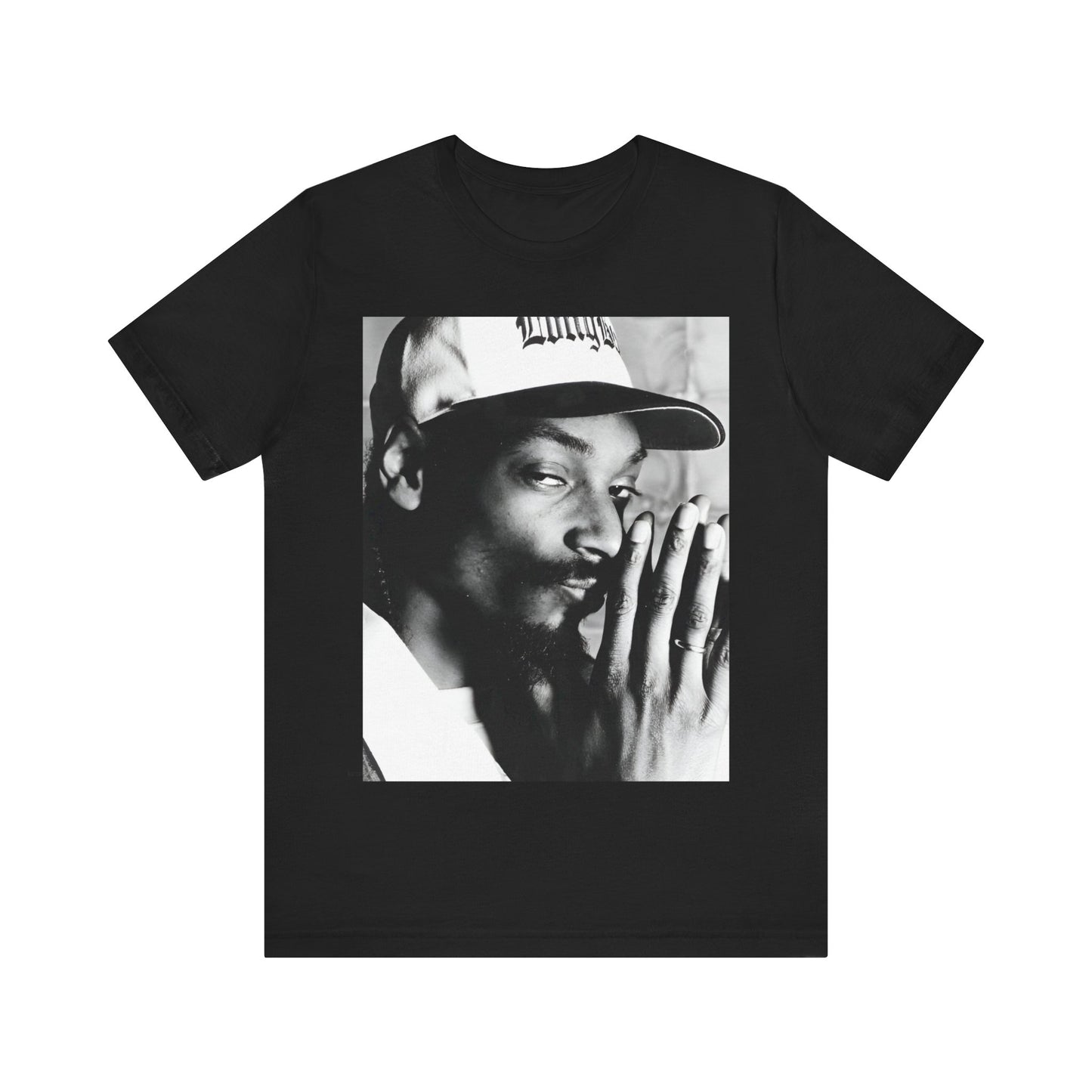 A black graphic t-shirt featuring a cool black and white graphic or photo of Snoop Dogg as a rapper.
