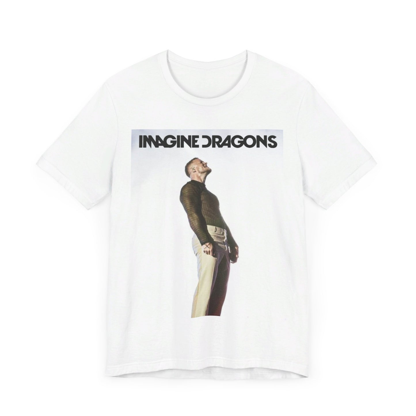 A black graphic t-shirt featuring a graphic related to Imagine Dragons' 'Believer' song or era.
