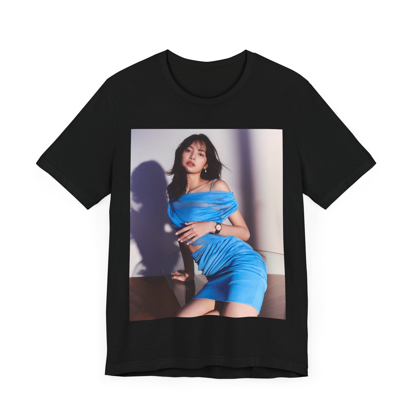 A black graphic t-shirt featuring a bold K-Pop superstar graphic of Lisa.