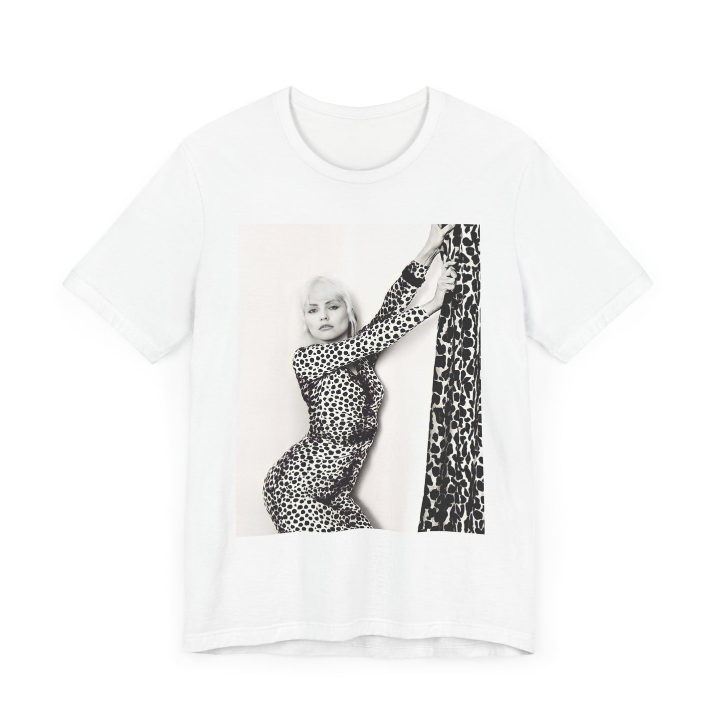 A black graphic t-shirt featuring a black and white, wild-style graphic of Blondie, emphasizing their untamed spirit.