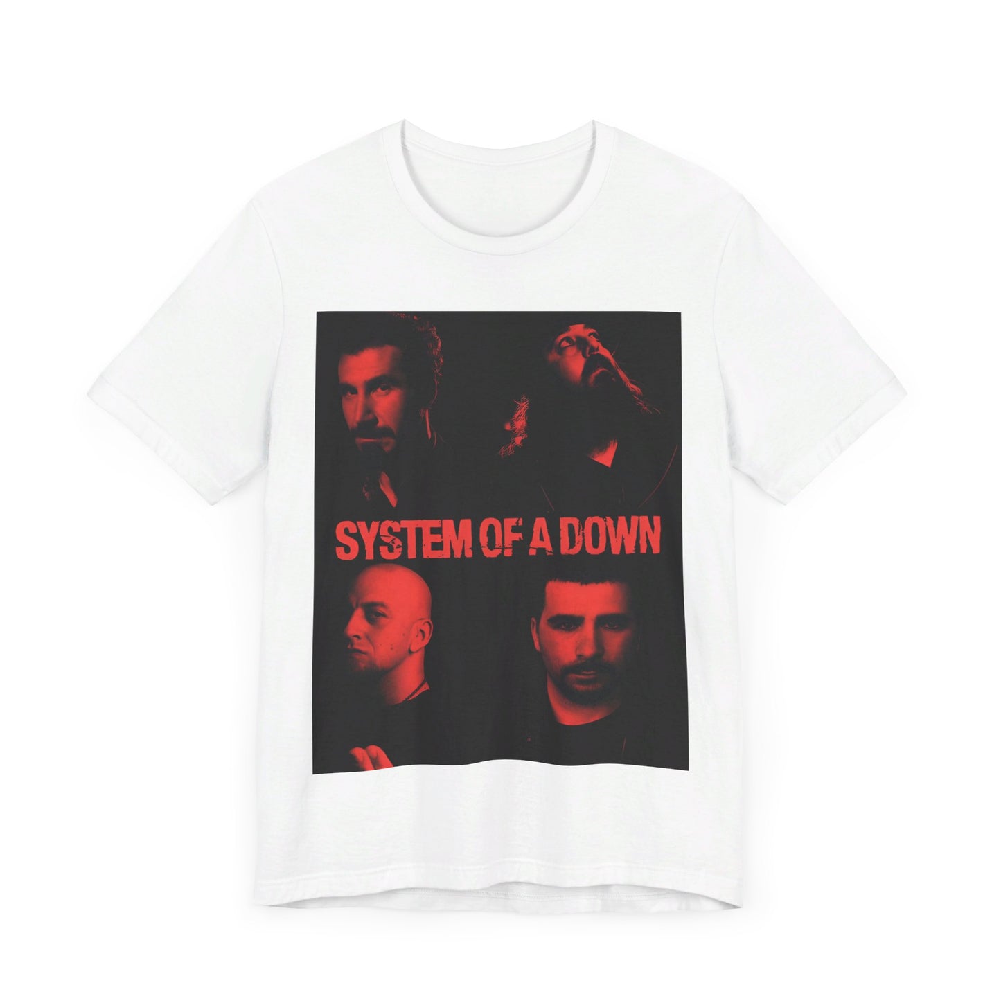 A black graphic t-shirt featuring a modern metal essential graphic of System of a Down.