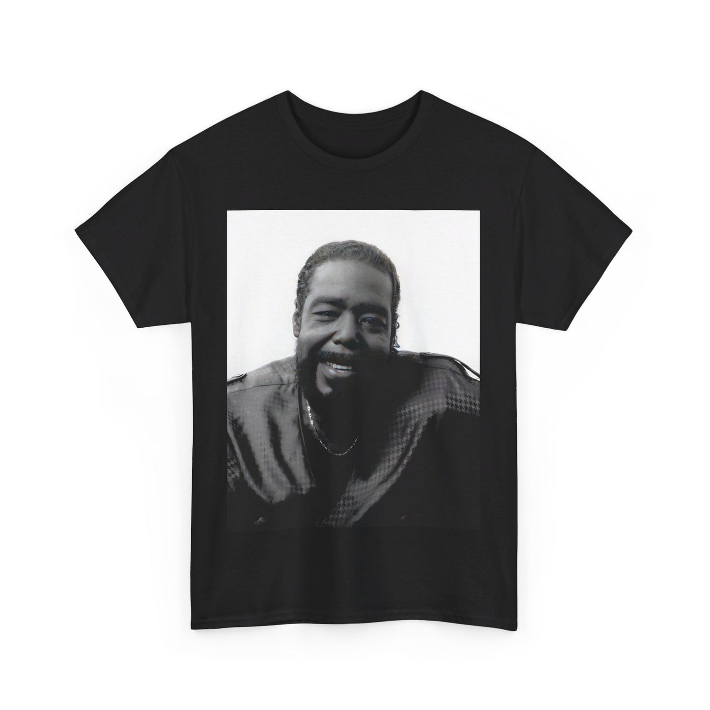 A black graphic t-shirt featuring a black and white photo of Barry White with his iconic smile.