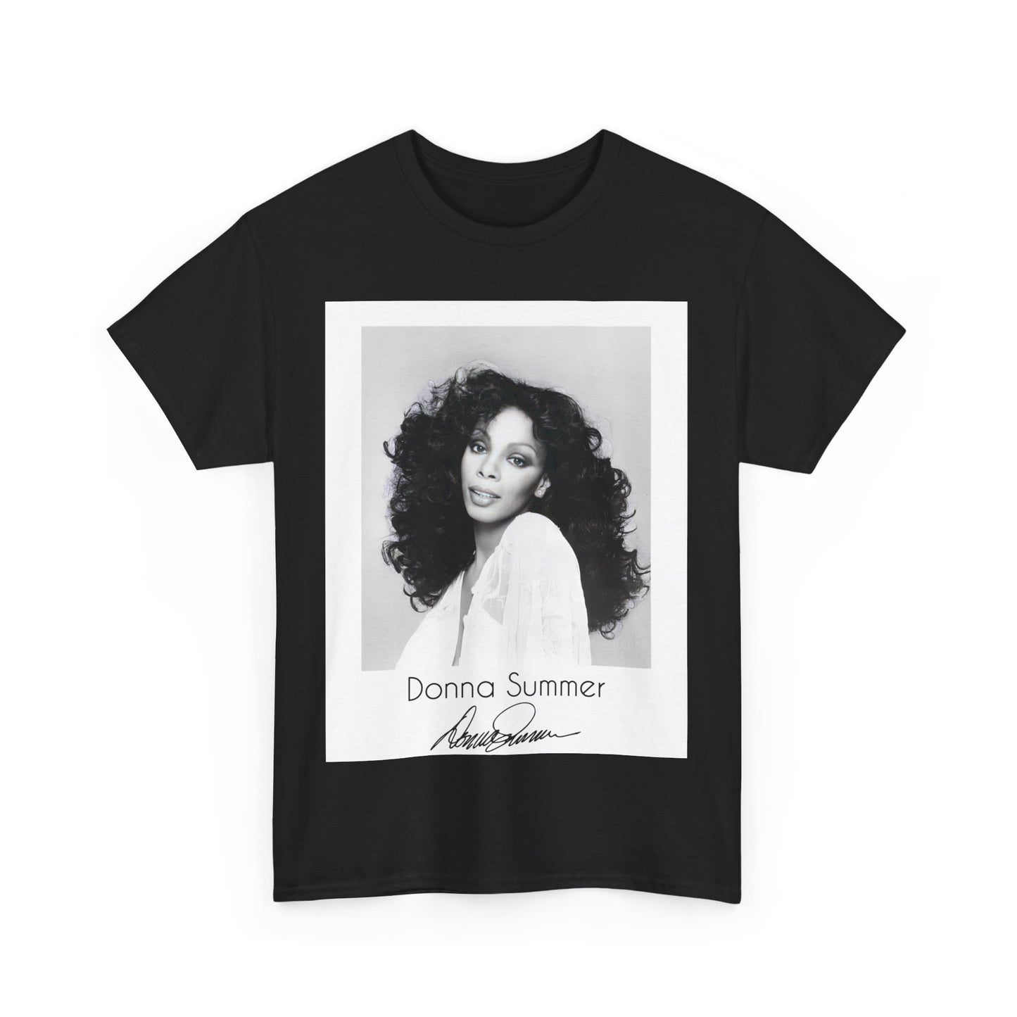 A black graphic t-shirt featuring a portrait of Donna Summer, possibly with her signature or iconic elements.