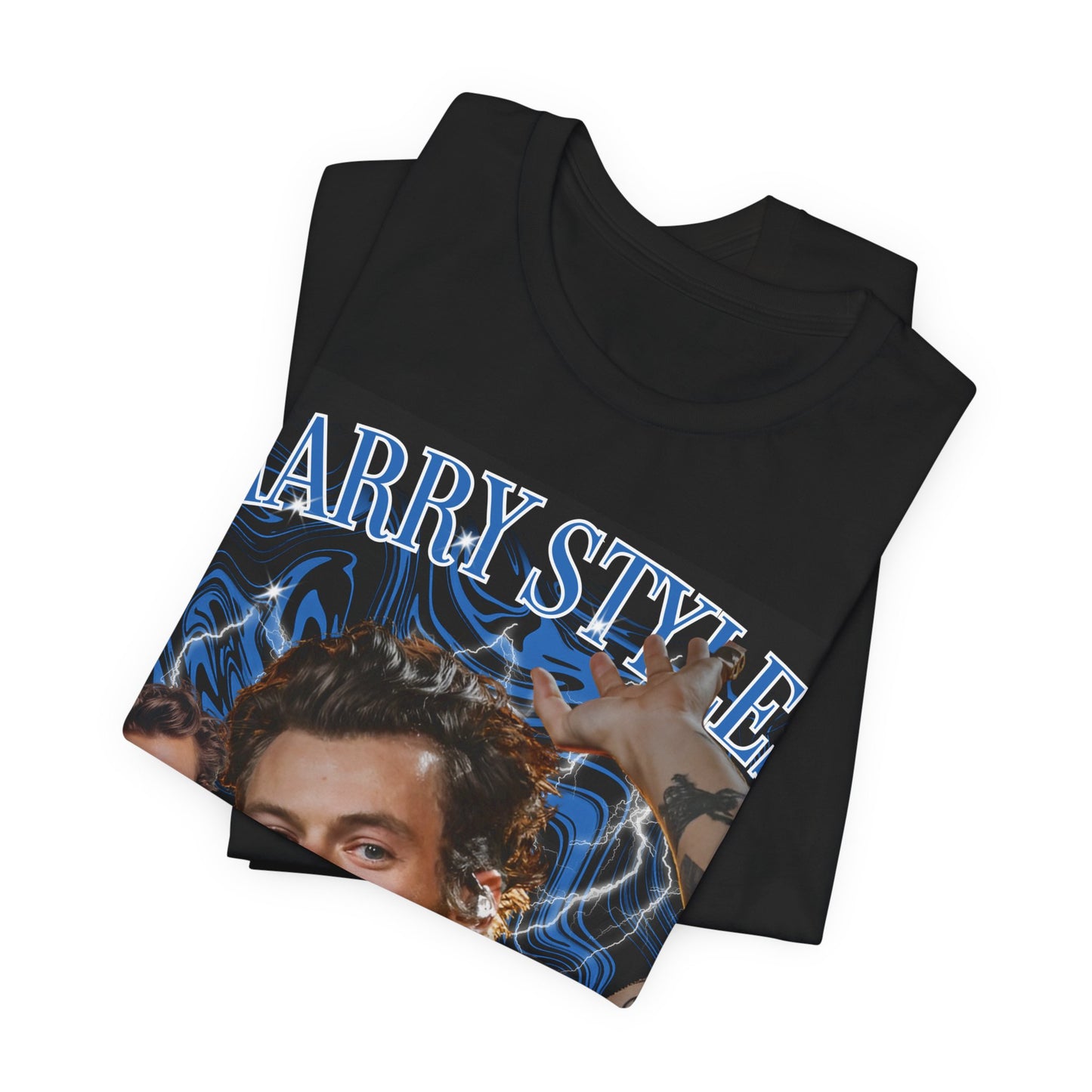 A black graphic t-shirt featuring an aesthetic bootleg graphic of Harry Styles.
