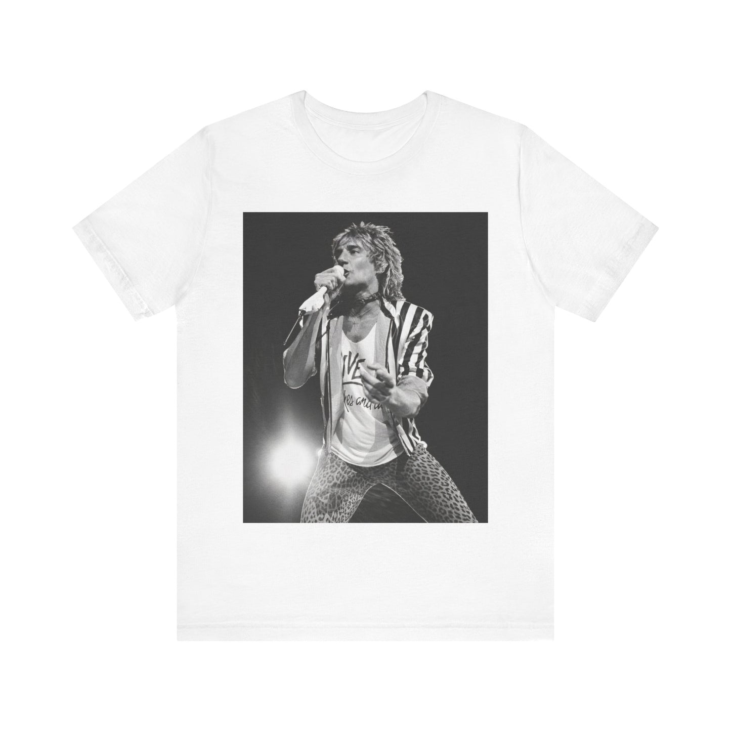 A black graphic t-shirt featuring a black and white portrait photo of Rod Stewart.