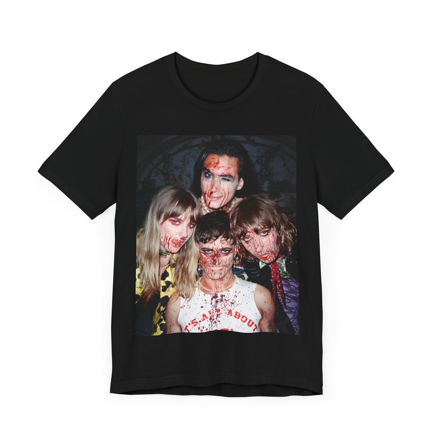 A black graphic t-shirt featuring a graphic of Maneskin celebrating their Eurovision win.