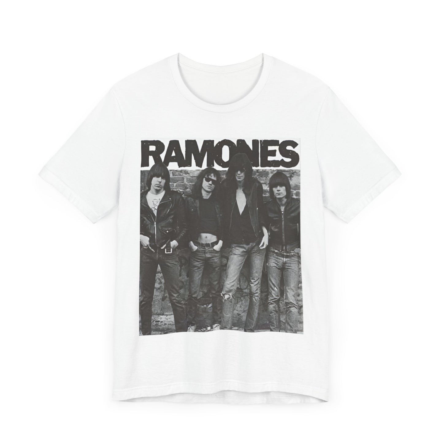 A black graphic t-shirt featuring a 70s vintage punk rock graphic of the Ramones.