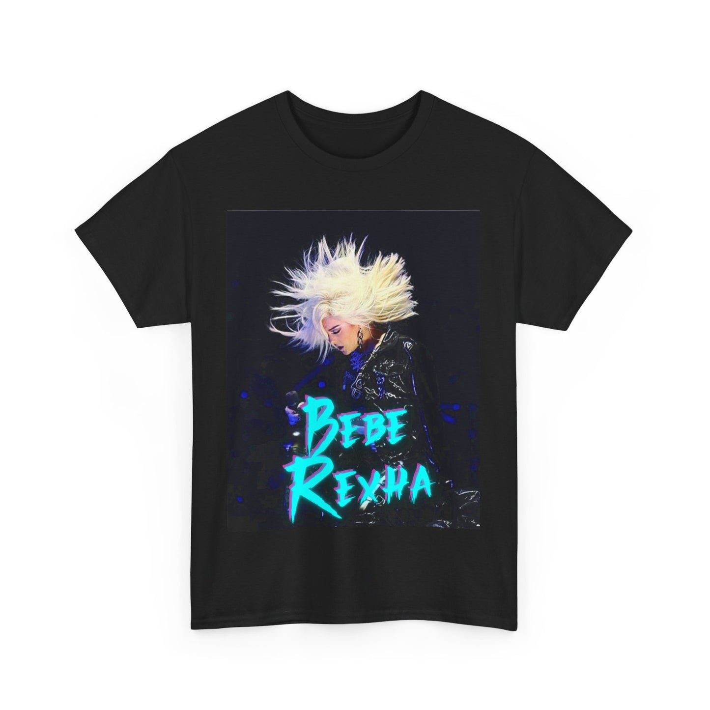 A black graphic t-shirt featuring a retro-style graphic of Bebe Rexha in a posed, aesthetic manner.