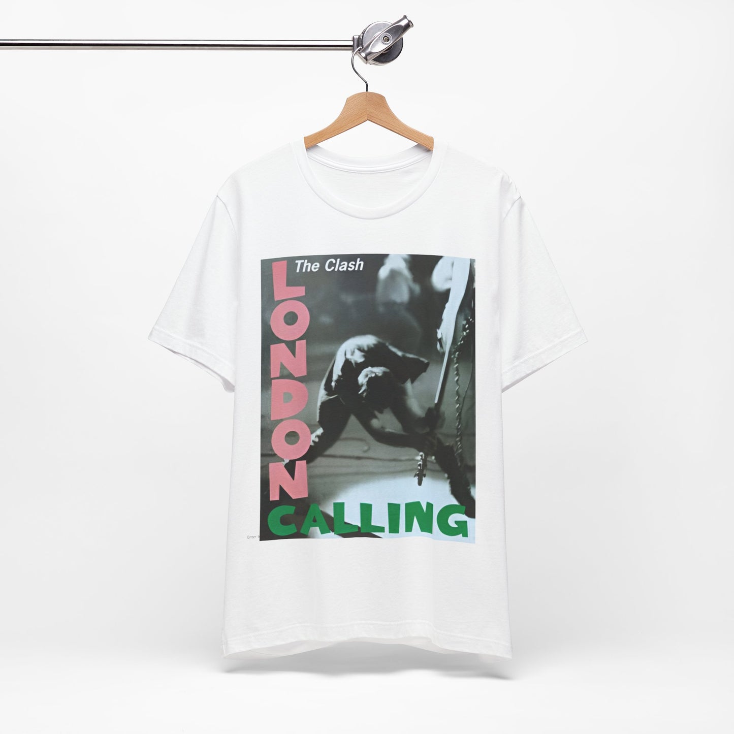 A black graphic t-shirt featuring the album cover art for The Clash's 'London Calling'.