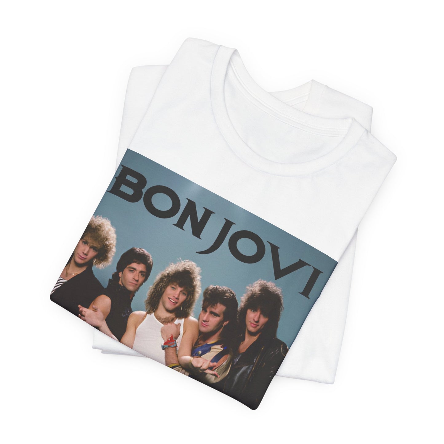 A black graphic t-shirt featuring a retro graphic inspired by Bon Jovi's 'Slippery When Wet' album art.