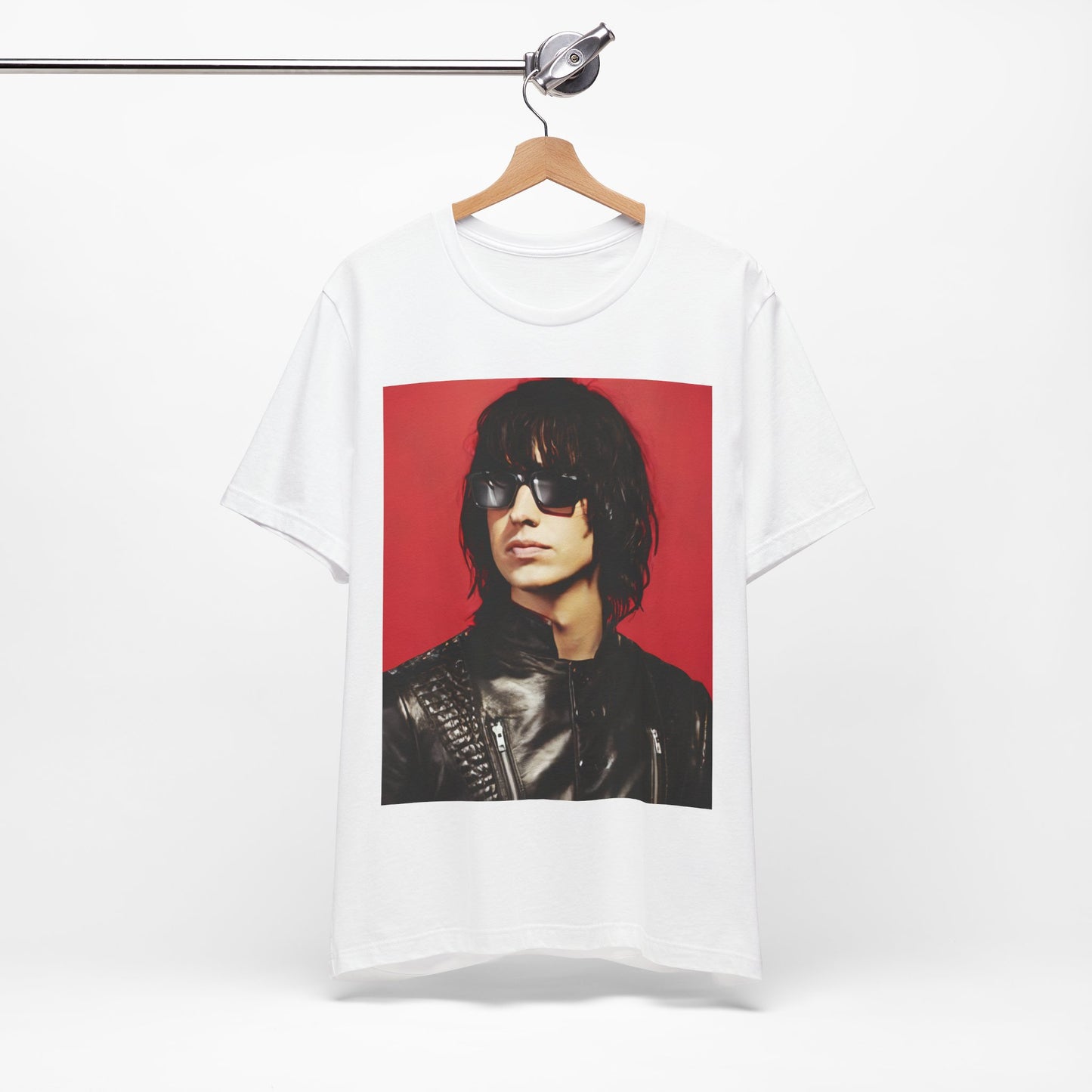A black graphic t-shirt featuring a 2000s indie aesthetic graphic of Julian Casablancas from The Strokes.