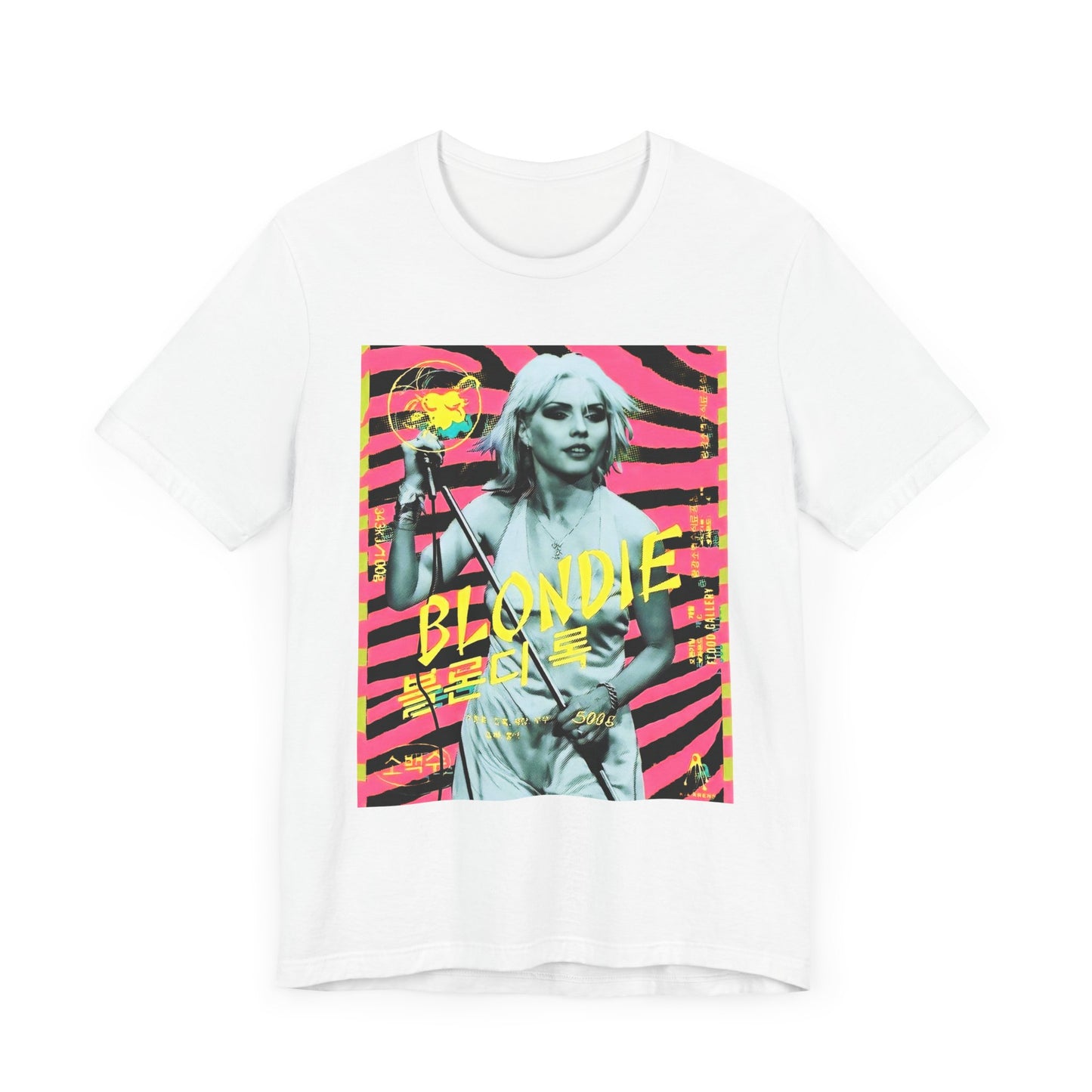 A black graphic t-shirt featuring a retro 70s pop art style graphic of Blondie.