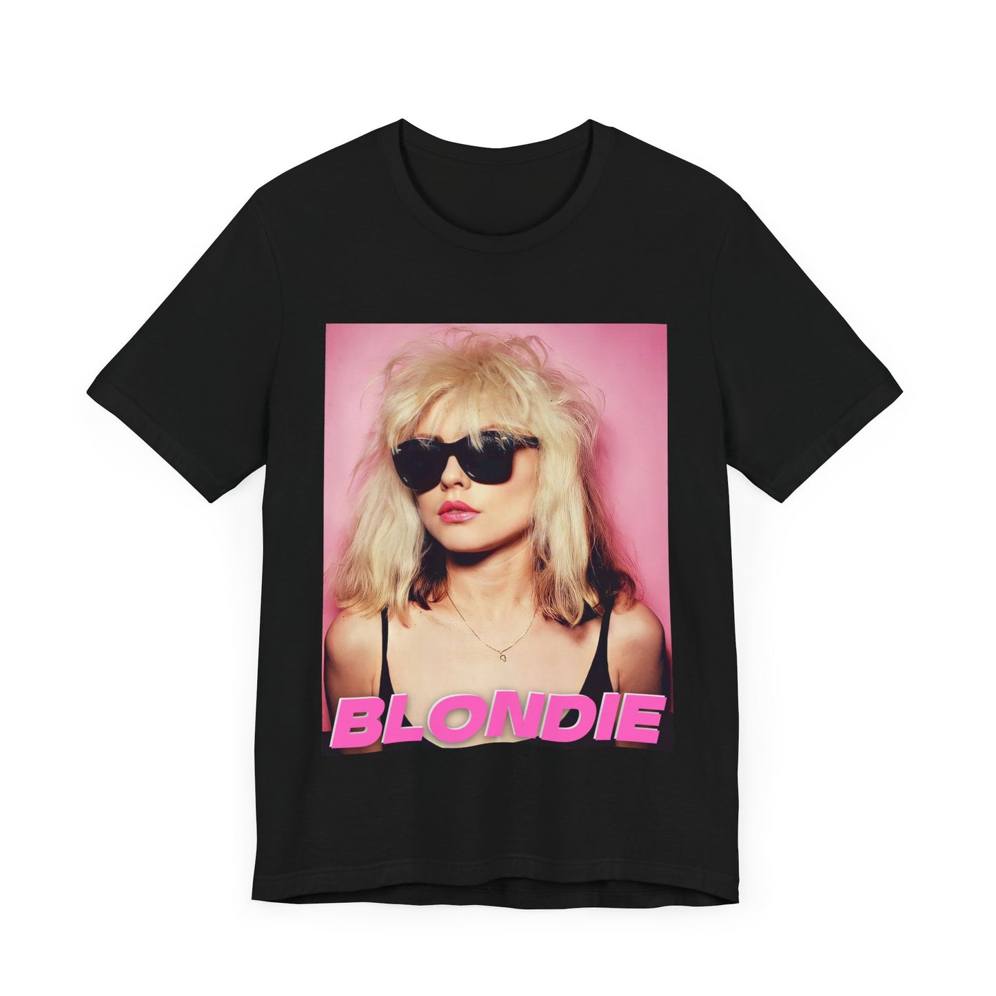 A black graphic t-shirt featuring a graphic related to Blondie's 'Call Me' song or era.