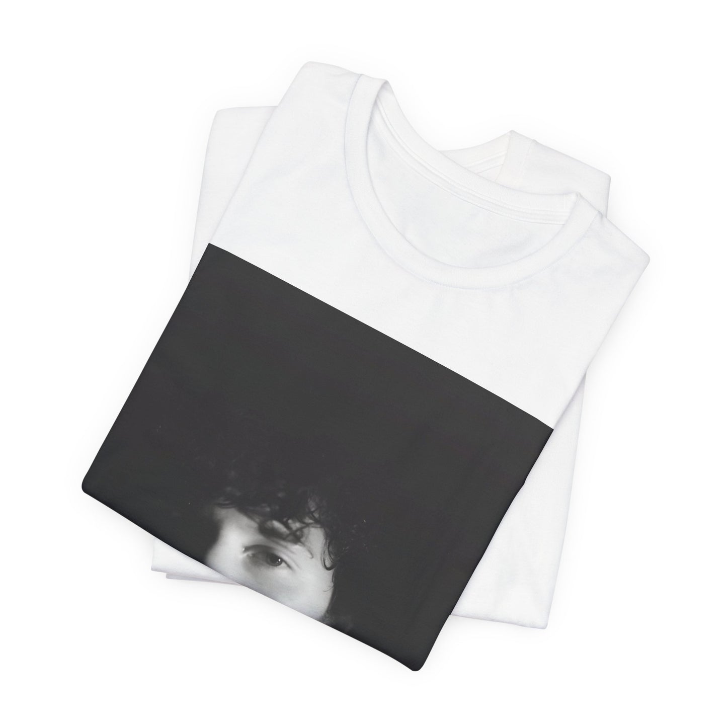 A black graphic t-shirt featuring a black and white portrait photo of Shawn Mendes.