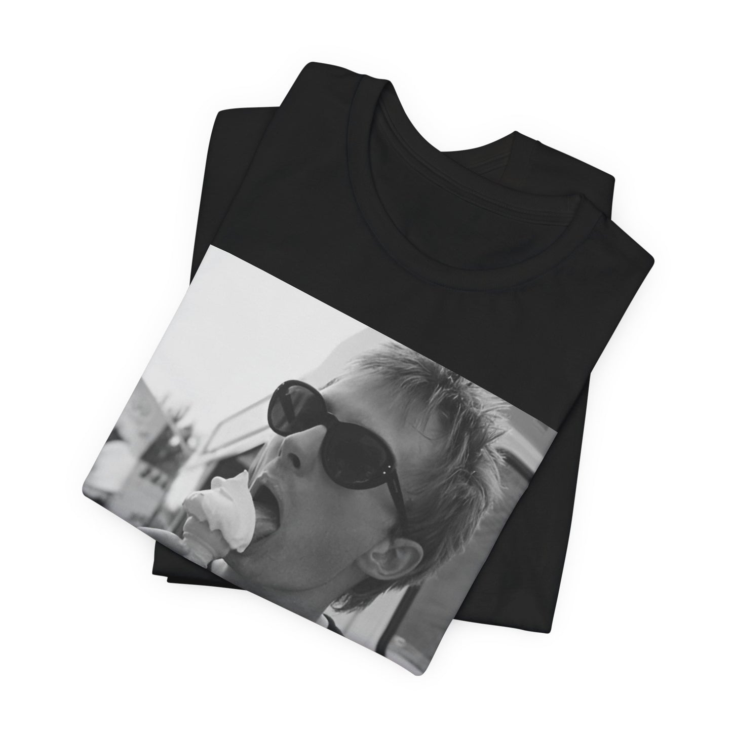 A black graphic t-shirt featuring a graphic of Thom Yorke from Radiohead with an ice cream cone.