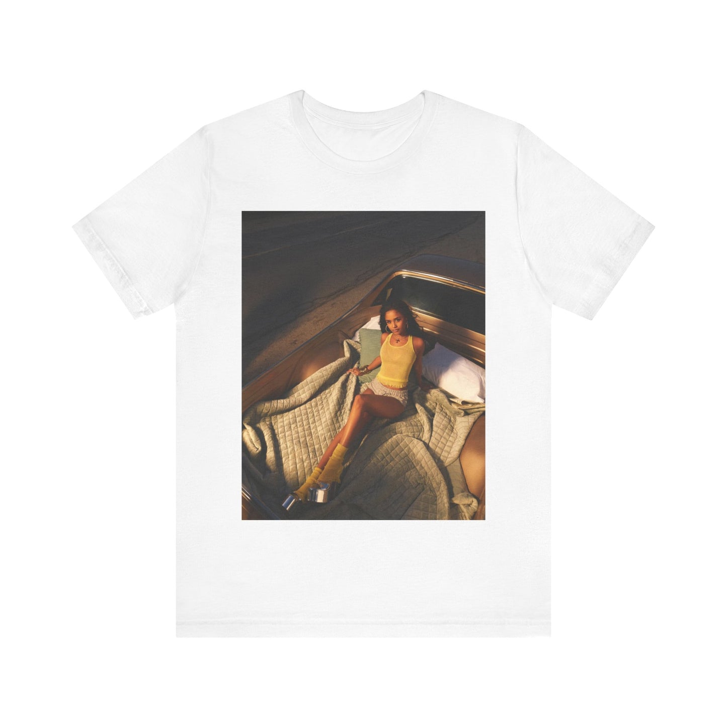 A black graphic t-shirt featuring a graphic of Tyla as an African fashion icon.
