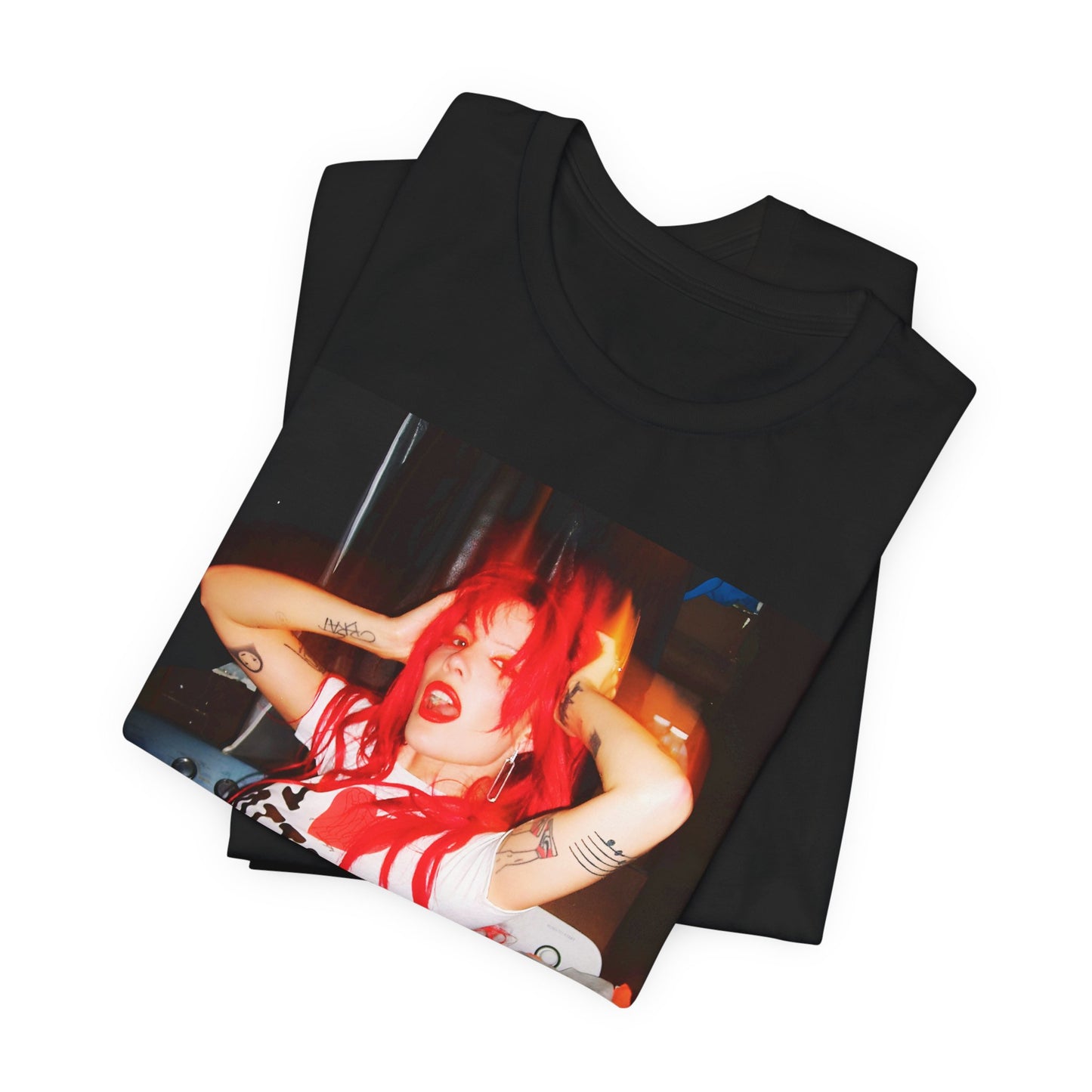 A black graphic t-shirt featuring a vintage alt pop aesthetic graphic of Halsey.