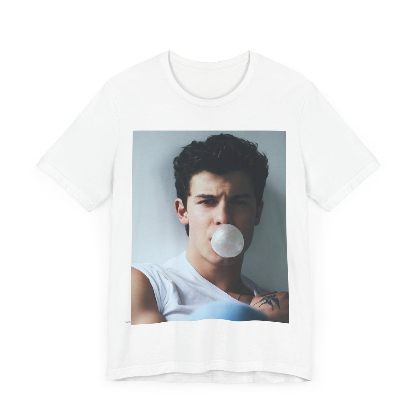 A black graphic t-shirt featuring a photo of Shawn Mendes with a fierce, confident gaze.