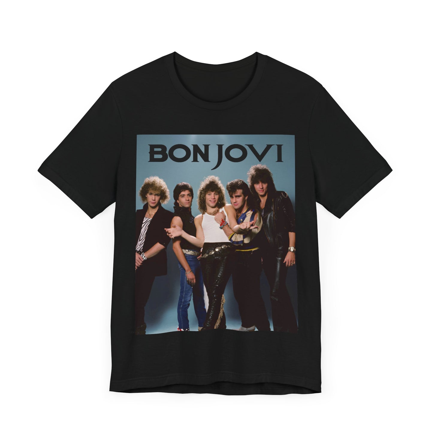 A black graphic t-shirt featuring a retro graphic inspired by Bon Jovi's 'Slippery When Wet' album art.