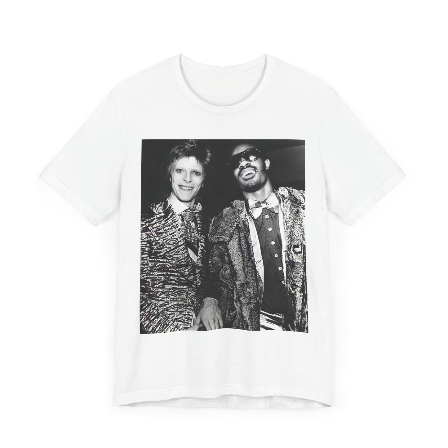 A black graphic t-shirt featuring a retro graphic of Stevie Wonder and David Bowie together.