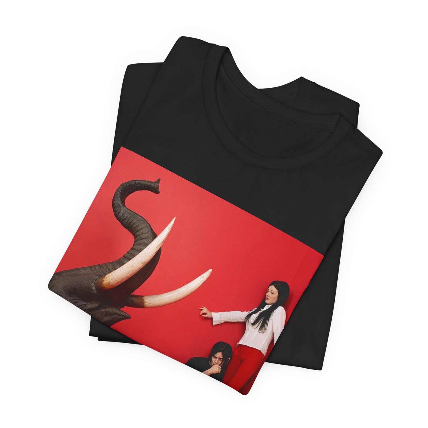 A black graphic t-shirt featuring a graphic related to The White Stripes' 'Elephant' album.