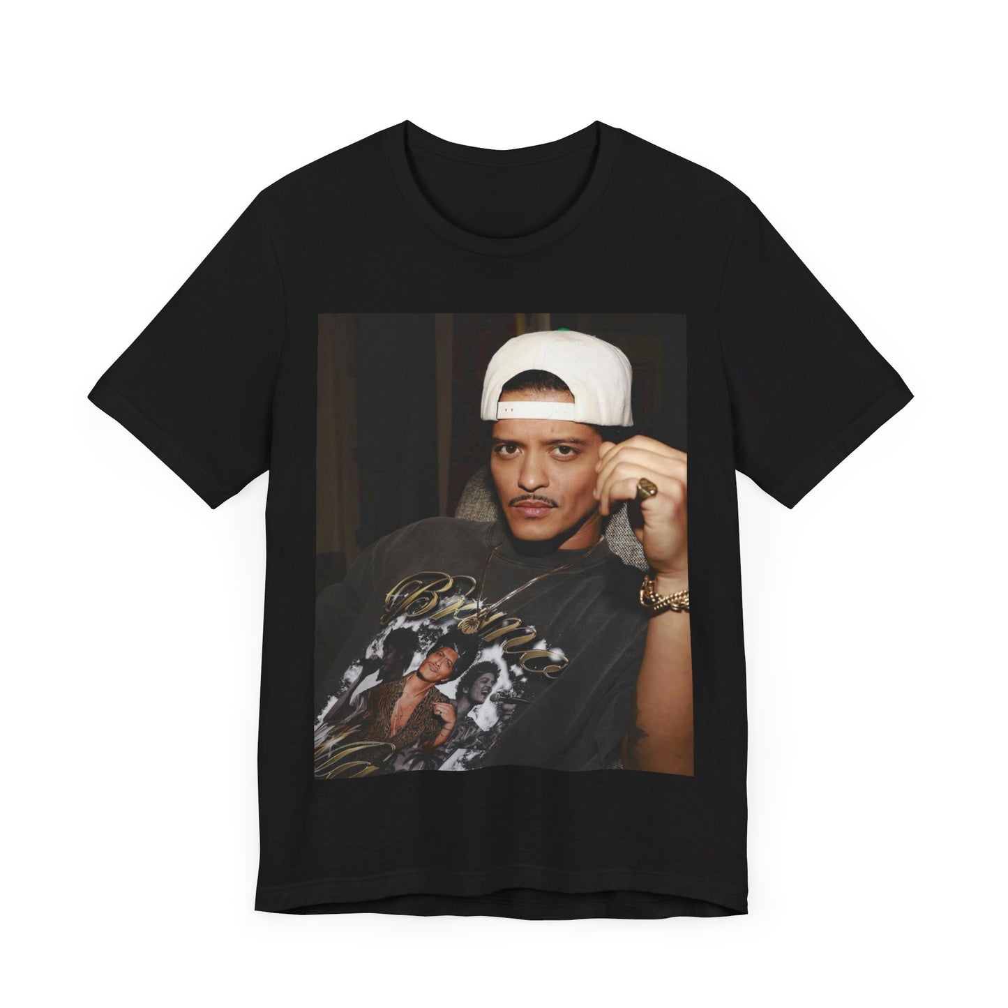 A black graphic t-shirt featuring a vintage aesthetic graphic of Bruno Mars.