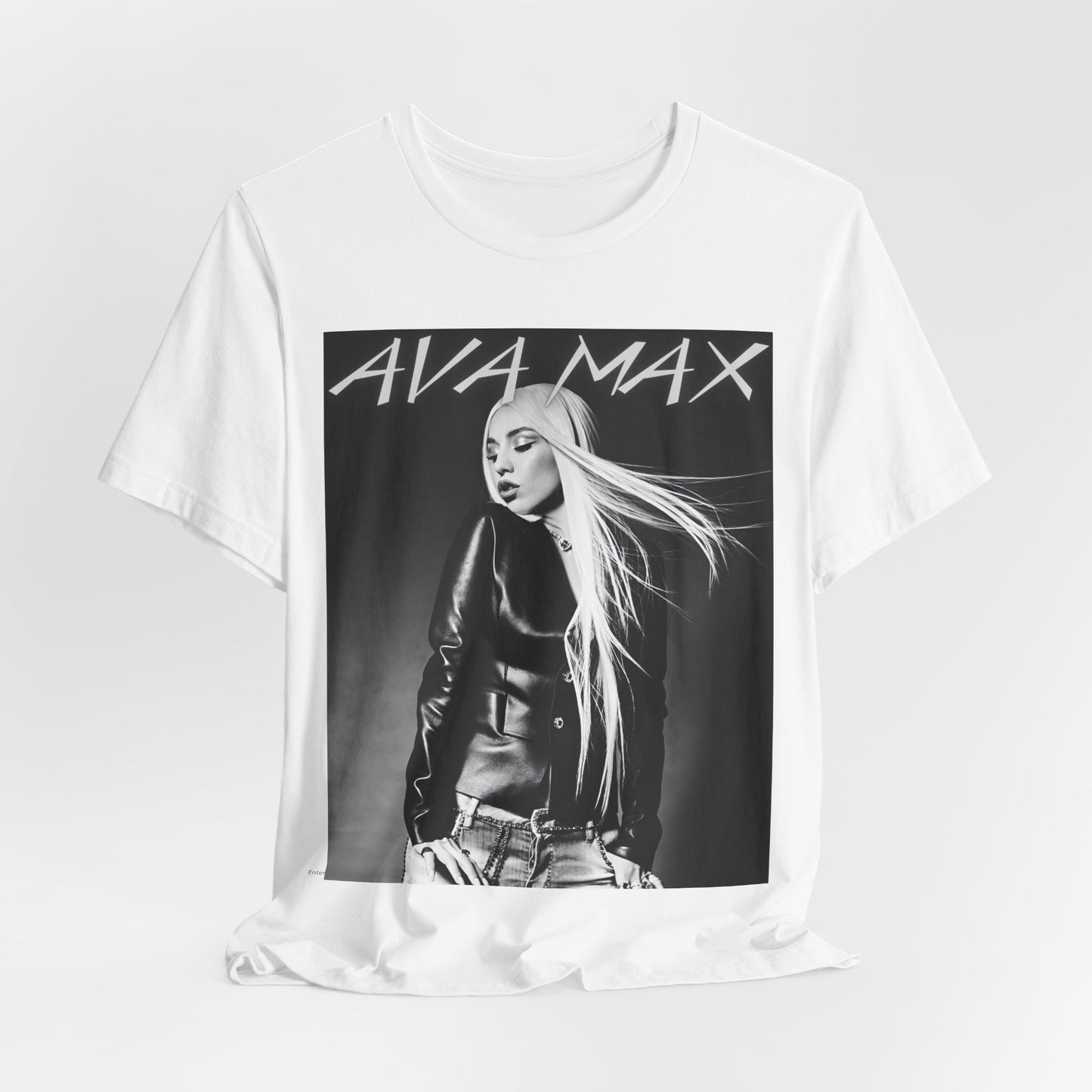 A black graphic t-shirt featuring a black and white portrait photo of Ava Max.