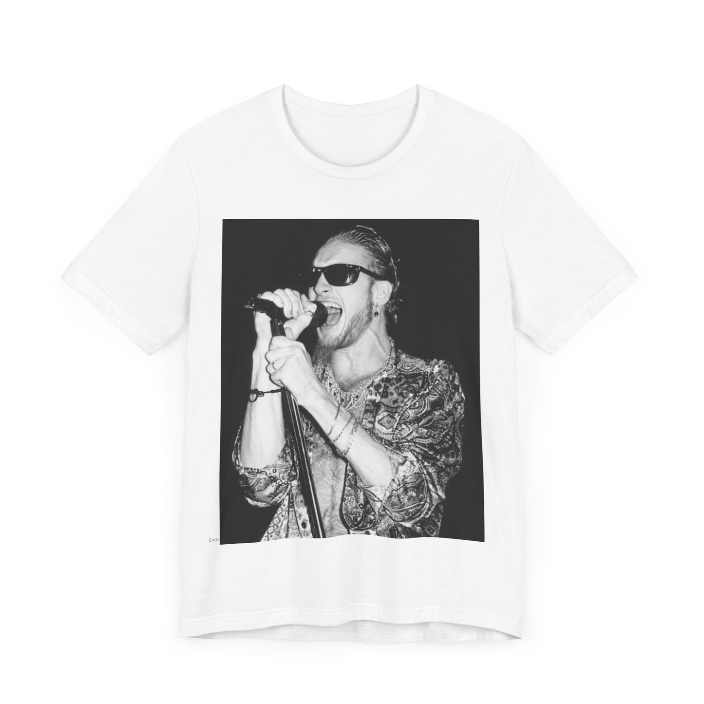 A black graphic t-shirt featuring an iconic black and white portrait photo of Layne Staley from Alice In Chains, showing his distinctive look.