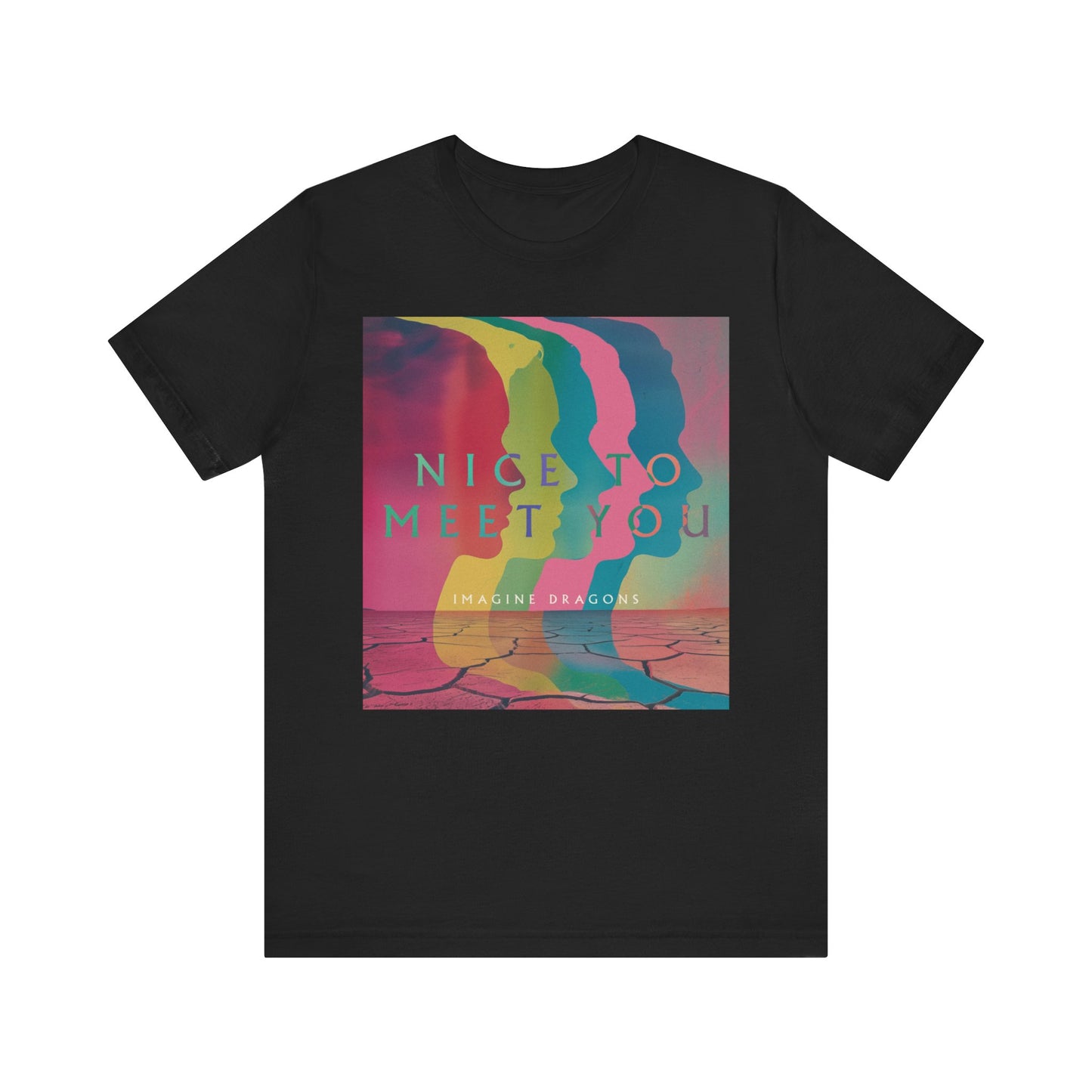 A black graphic t-shirt featuring a graphic related to Imagine Dragons' 'Nice to Meet You' song or a welcoming theme.