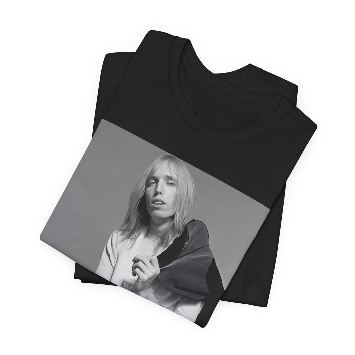 A black graphic t-shirt featuring a modern rock essential graphic of Tom Petty.