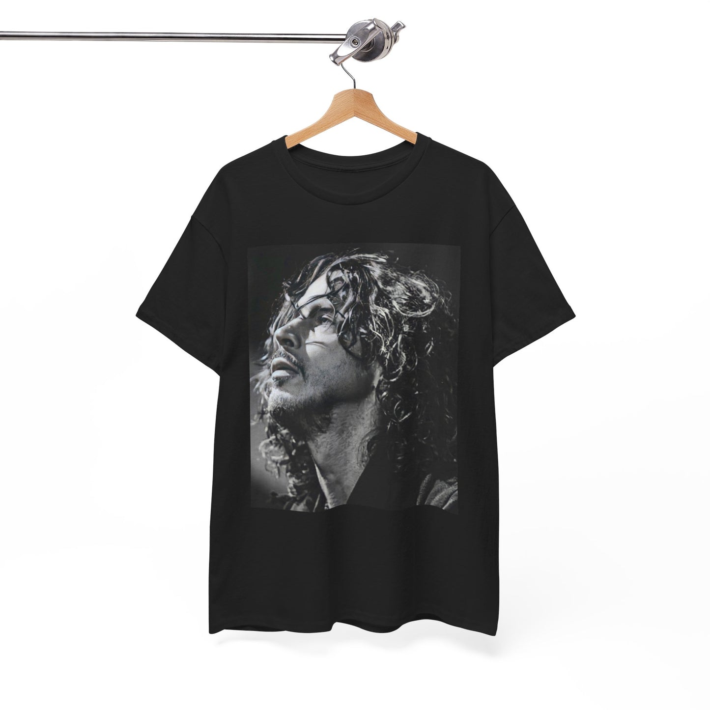 A black graphic t-shirt featuring a black and white graphic or portrait of Chris Cornell as a grunge icon.
