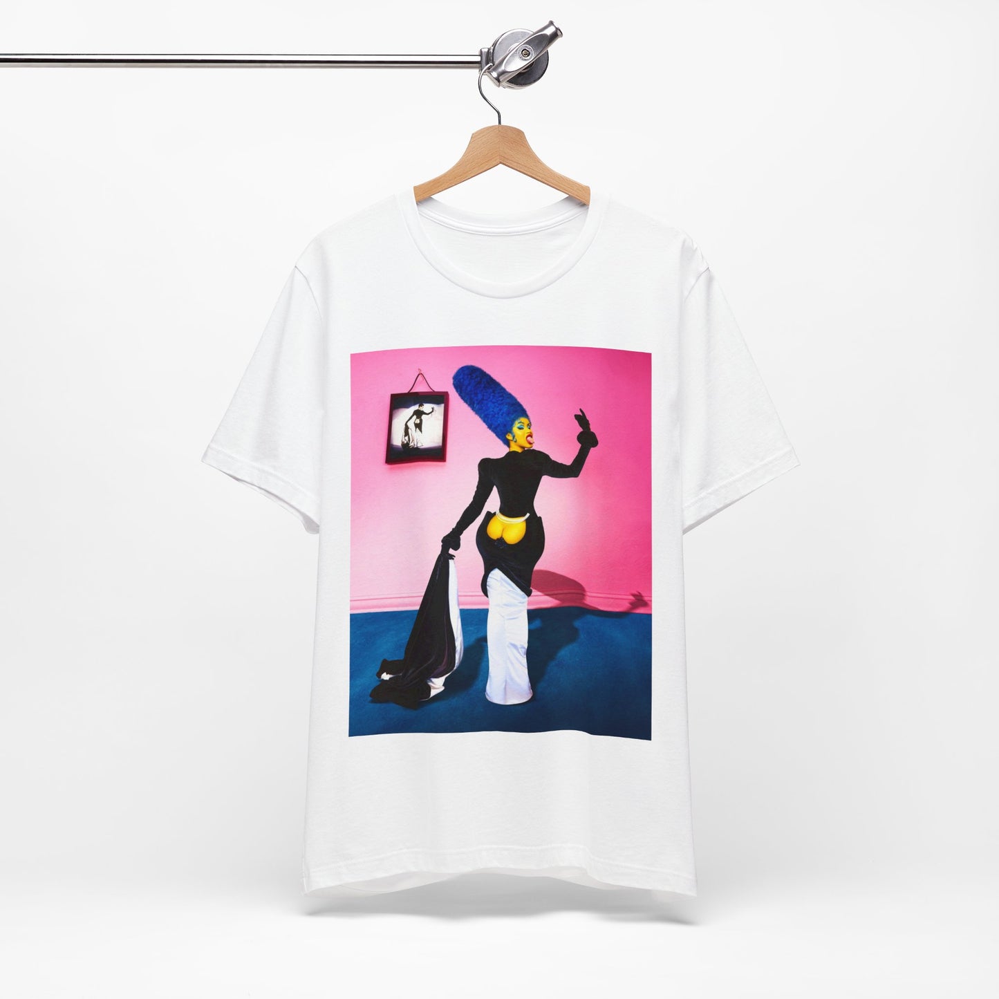 A black graphic t-shirt featuring a photo or graphic of Cardi B blended with elements or characters from The Simpsons.
