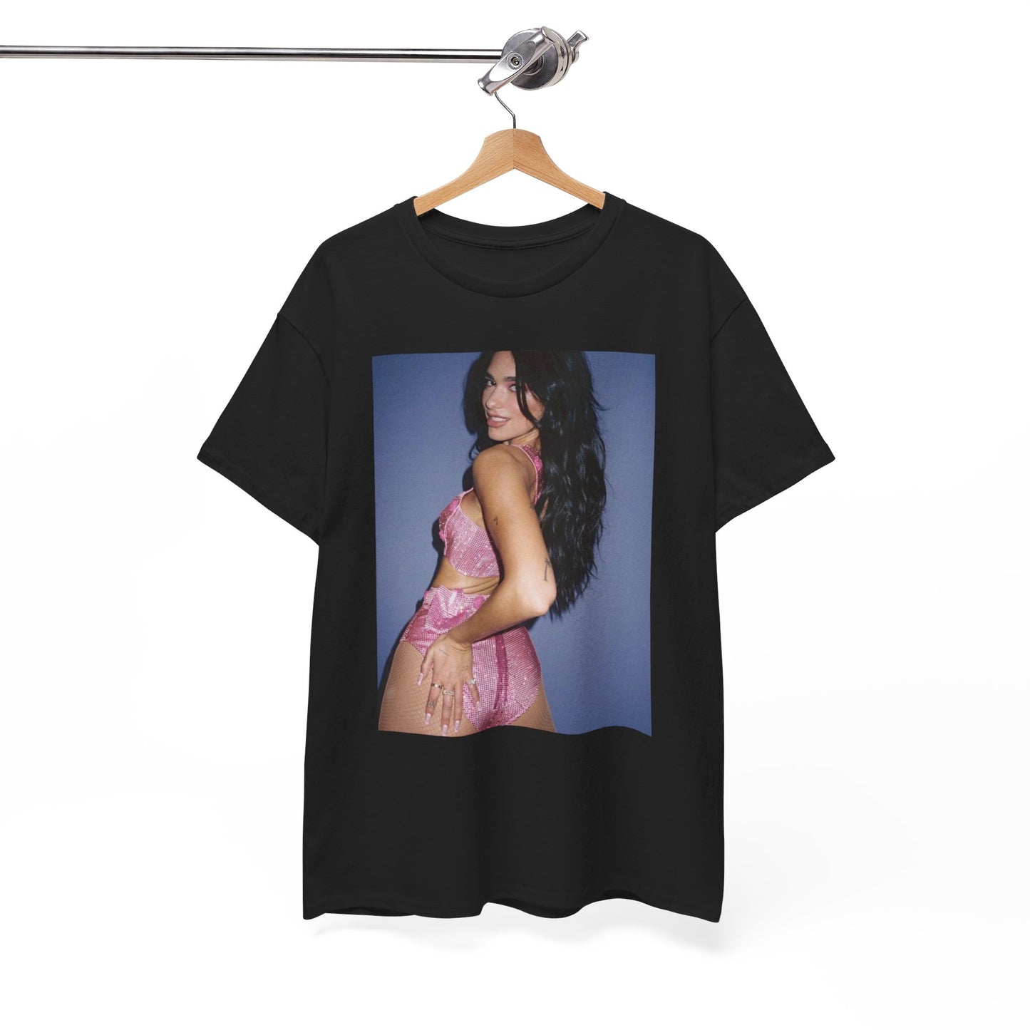 A black graphic t-shirt featuring a glamorous graphic of Dua Lipa, evoking her "Future Nostalgia" era.