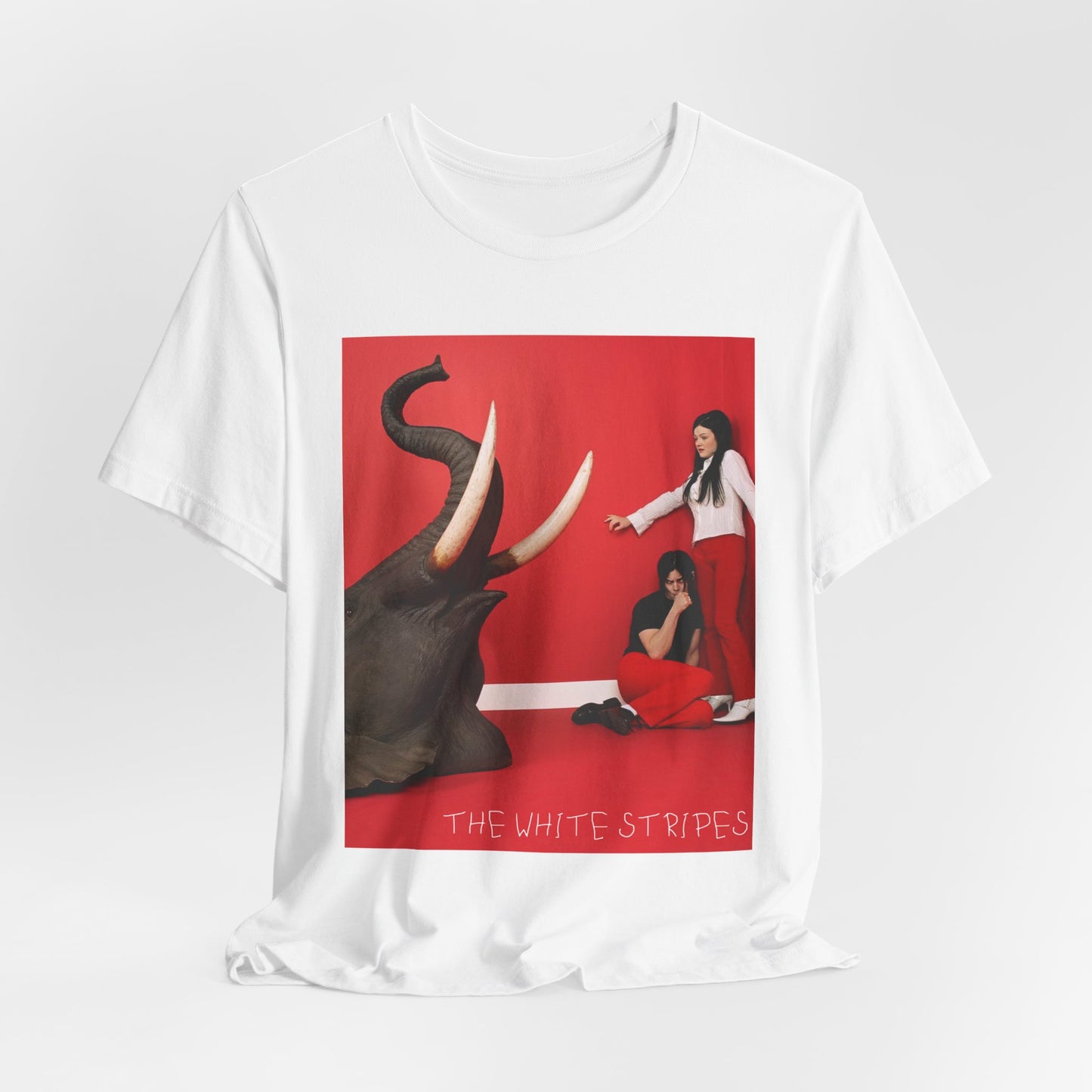 A black graphic t-shirt featuring a graphic related to The White Stripes' 'Elephant' album.